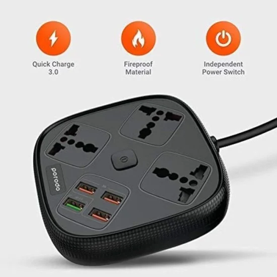 Porodo 3 USB Port 3A + 1 QC 3.0 with 3 Universal Power Sockets 10A - Black